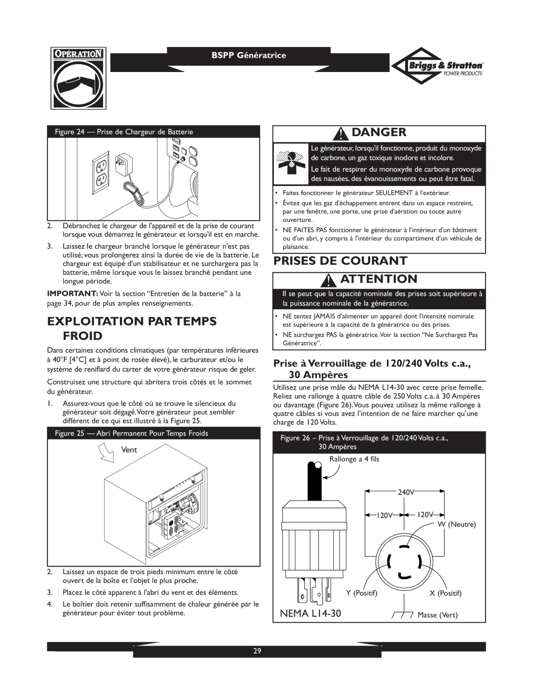 Briggs & Stratton PRO8000 01934 owner manual Exploitation PAR Temps Froid, Prises DE Courant 