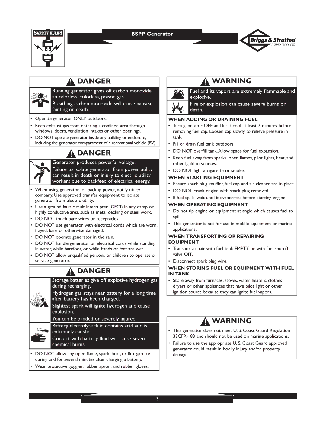 Briggs & Stratton PRO8000 01934 When Adding or Draining Fuel, When Starting Equipment, When Operating Equipment 