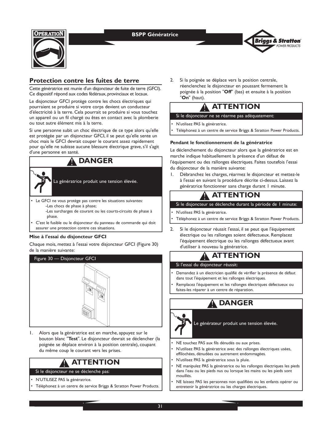 Briggs & Stratton PRO8000 01934 owner manual Protection contre les fuites de terre, Mise à lessai du disjoncteur Gfci 