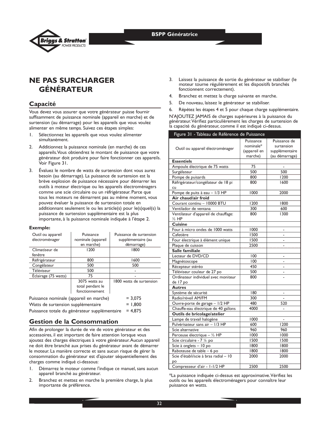 Briggs & Stratton PRO8000 01934 owner manual NE PAS Surcharger Générateur, Capacité, Gestion de la Consommation, Exemple 