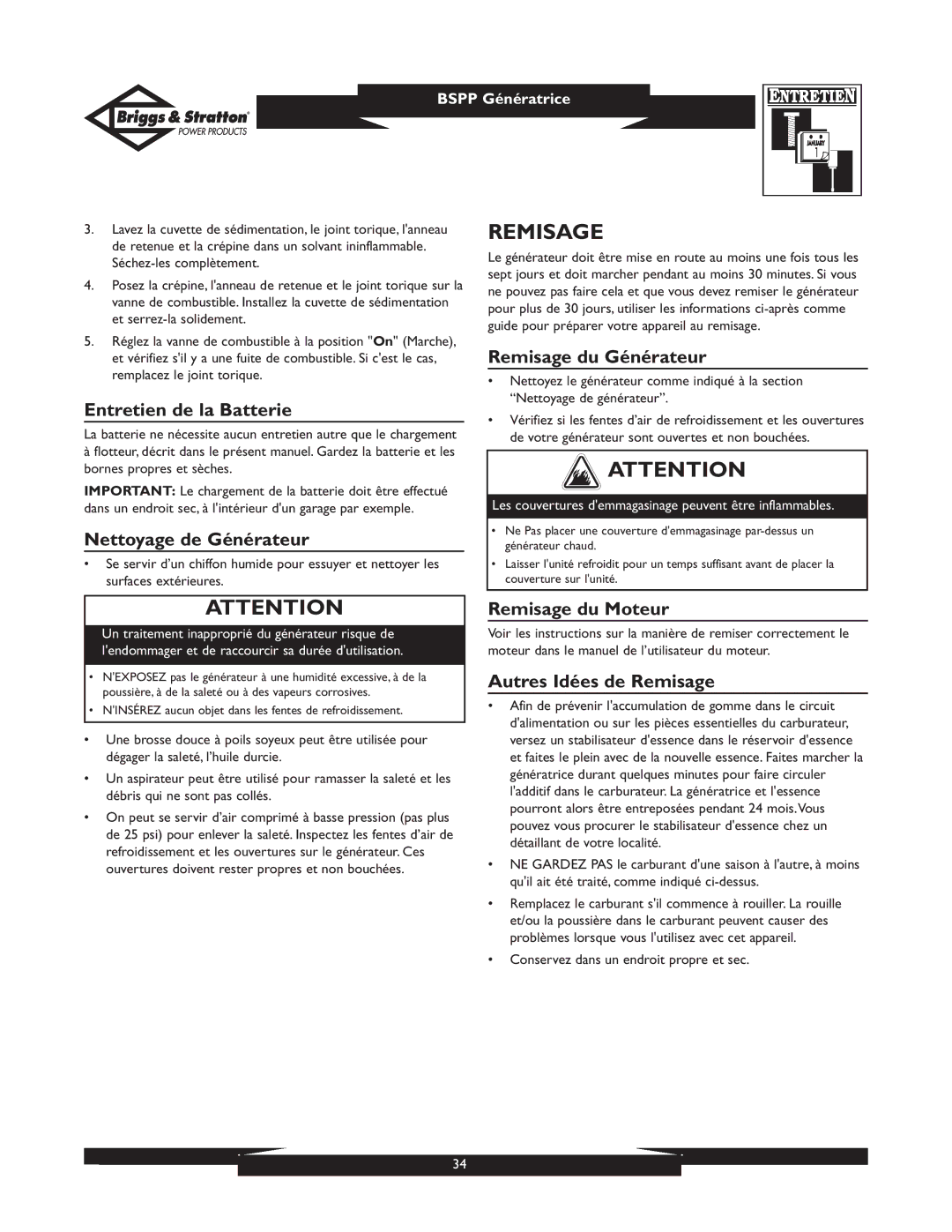 Briggs & Stratton PRO8000 01934 owner manual Remisage 