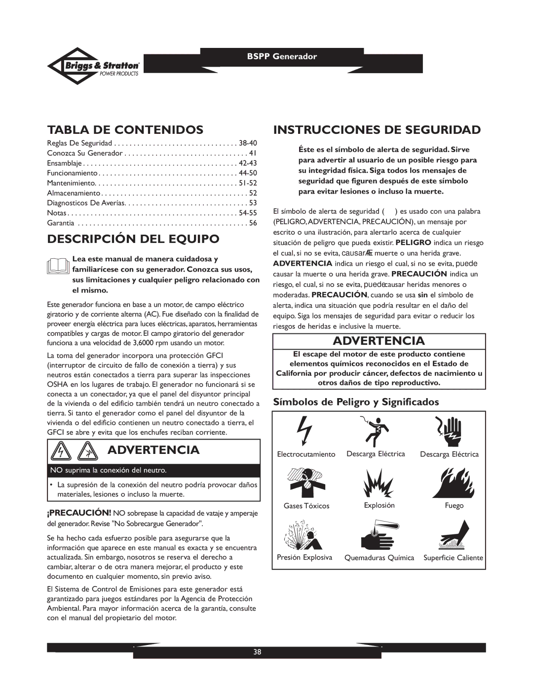 Briggs & Stratton PRO8000 01934 Tabla DE Contenidos, Descripción DEL Equipo, Advertencia, Instrucciones DE Seguridad 