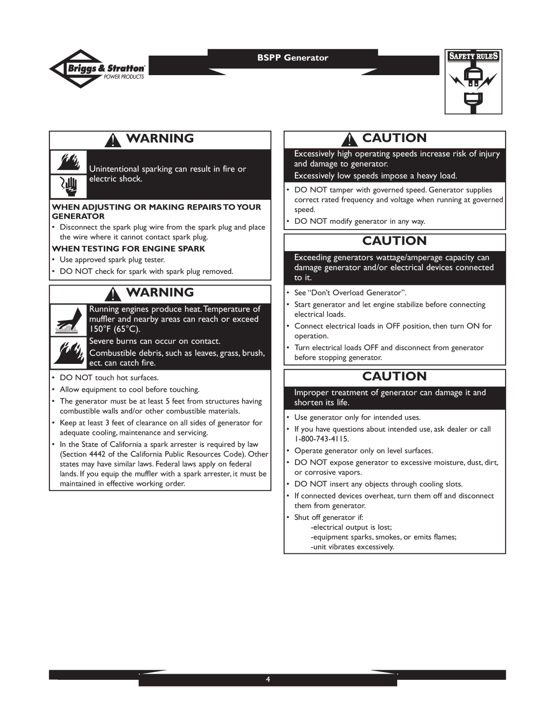 Briggs & Stratton PRO8000 01934 When Adjusting or Making Repairs to Your Generator, When Testing for Engine Spark 