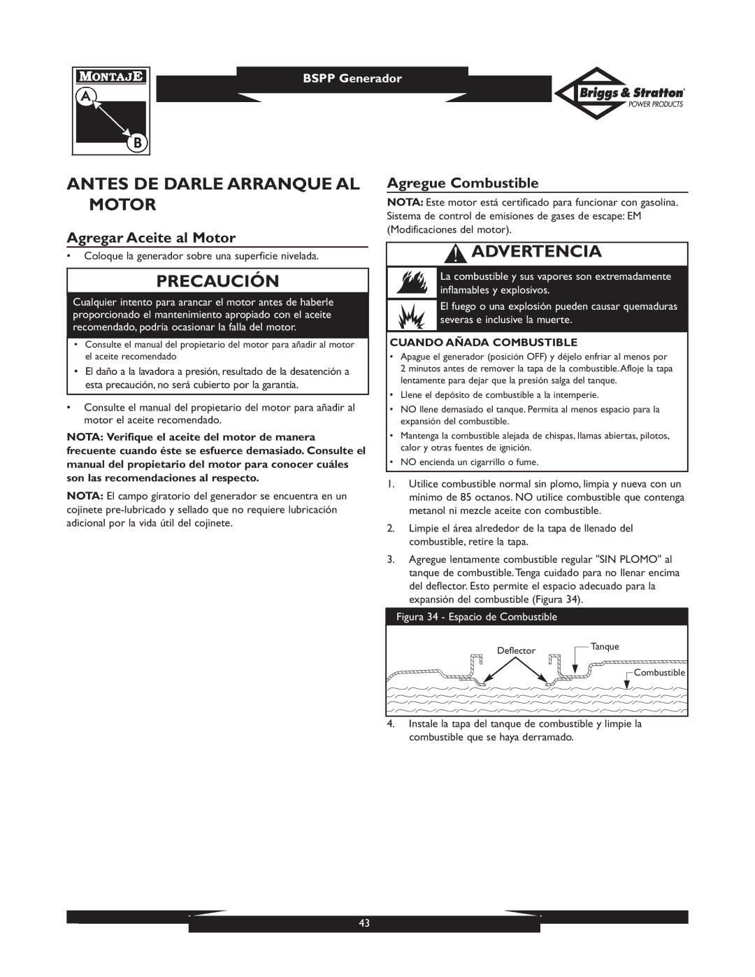 Briggs & Stratton PRO8000 01934 owner manual Antes DE Darle Arranque AL Motor, Agregar Aceite al Motor, Agregue Combustible 