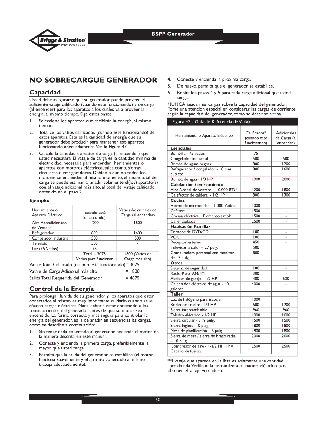 Briggs & Stratton PRO8000 01934 owner manual No Sobrecargue Generador, Capacidad, Control de la Energía, Ejemplo 