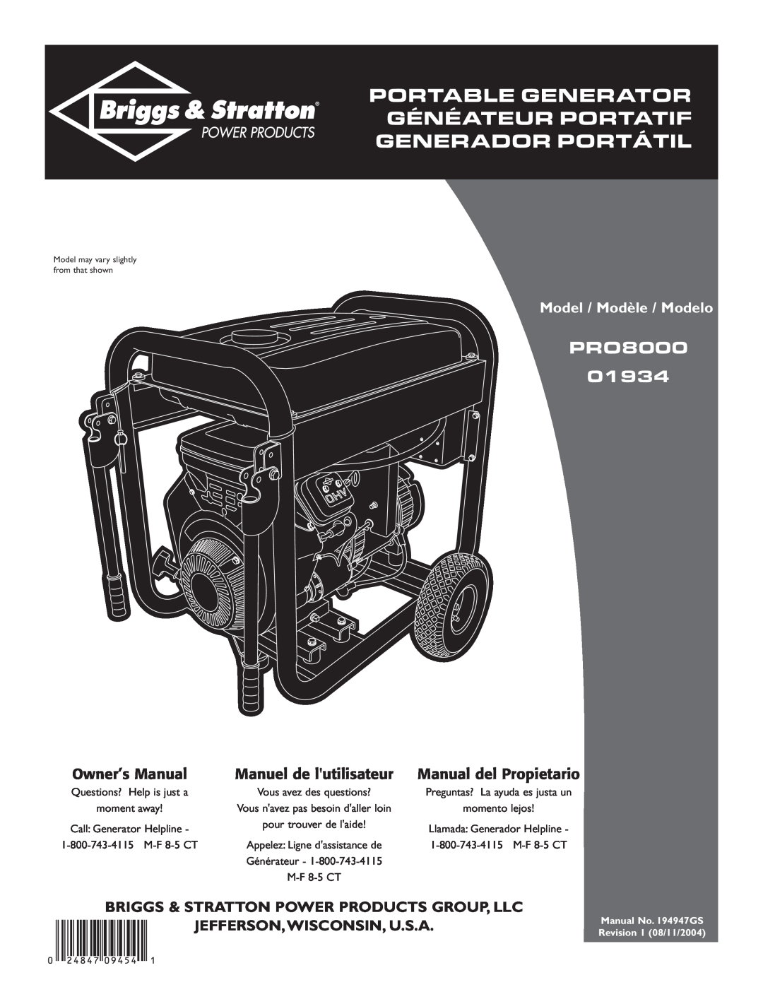Briggs & Stratton PRO8000 owner manual Manuel de lutilisateur, Manual del Propietario, Jefferson,Wisconsin, U.S.A 