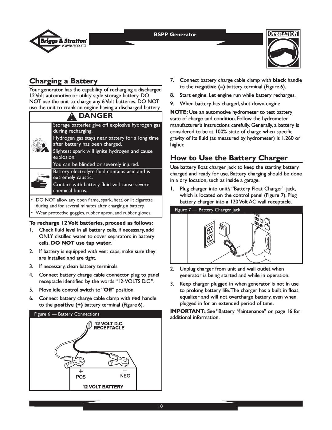 Briggs & Stratton PRO8000 owner manual Charging a Battery, How to Use the Battery Charger, Danger, BSPP Generator 