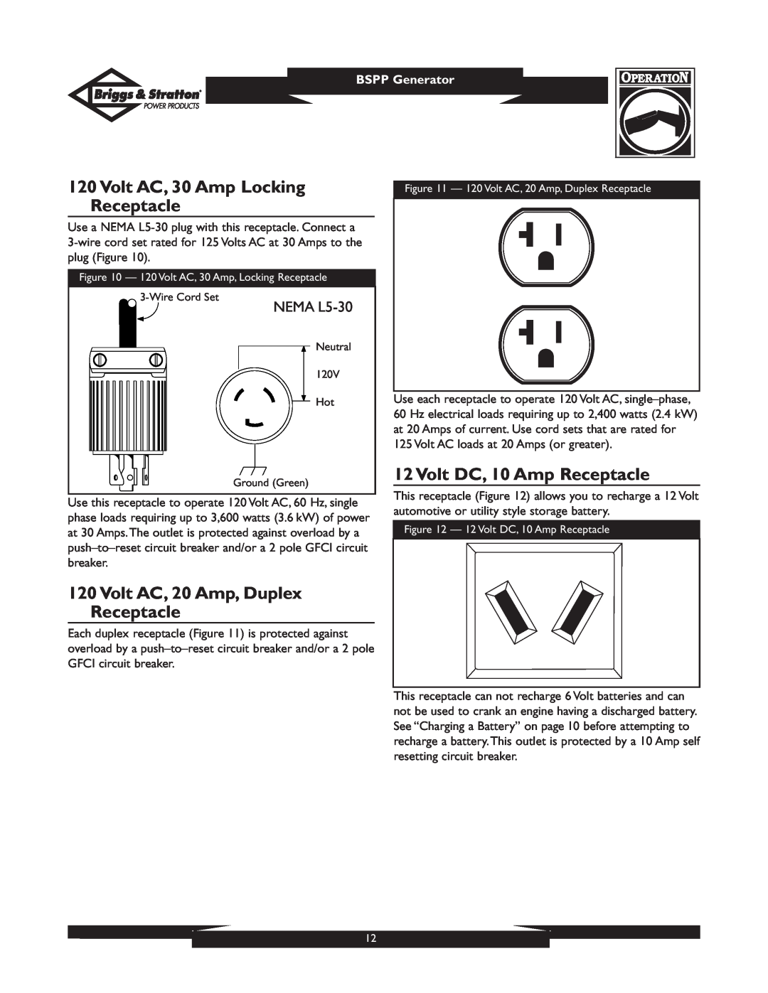 Briggs & Stratton PRO8000 owner manual Volt AC, 30 Amp Locking Receptacle, Volt AC, 20 Amp, Duplex Receptacle, NEMA L5-30 