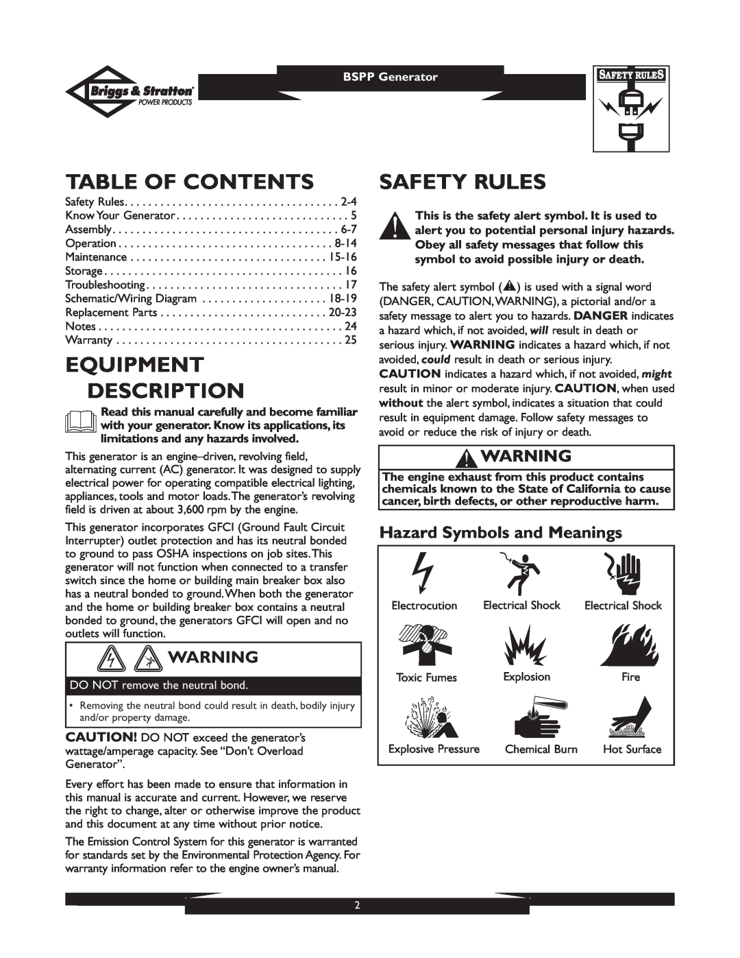 Briggs & Stratton PRO8000 owner manual Table Of Contents, Equipment Description, Safety Rules, Hazard Symbols and Meanings 