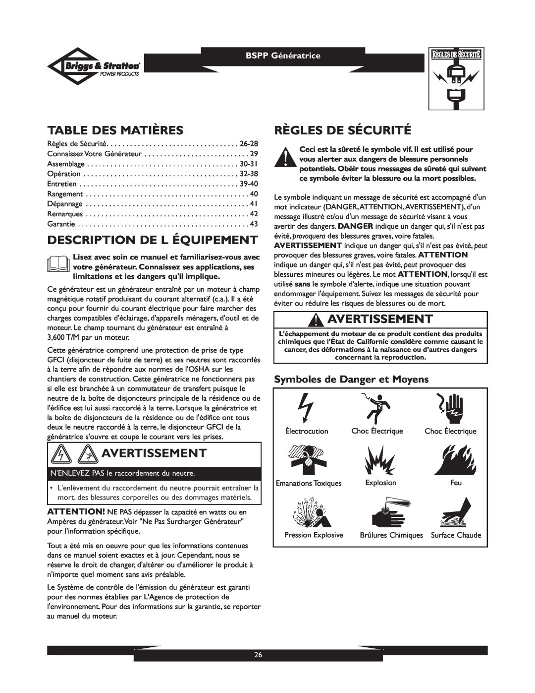 Briggs & Stratton PRO8000 owner manual Table Des Matières, Description De L Équipement, Avertissement, Règles De Sécurité 