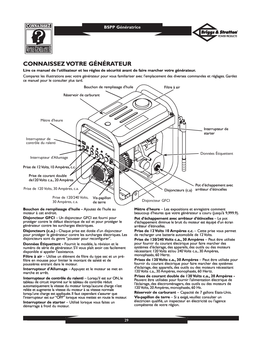 Briggs & Stratton PRO8000 owner manual Connaissez Votre Générateur, BSPP Génératrice 