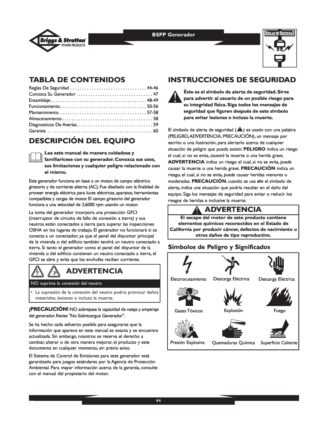 Briggs & Stratton PRO8000 owner manual Tabla De Contenidos, Descripción Del Equipo, Advertencia, Instrucciones De Seguridad 