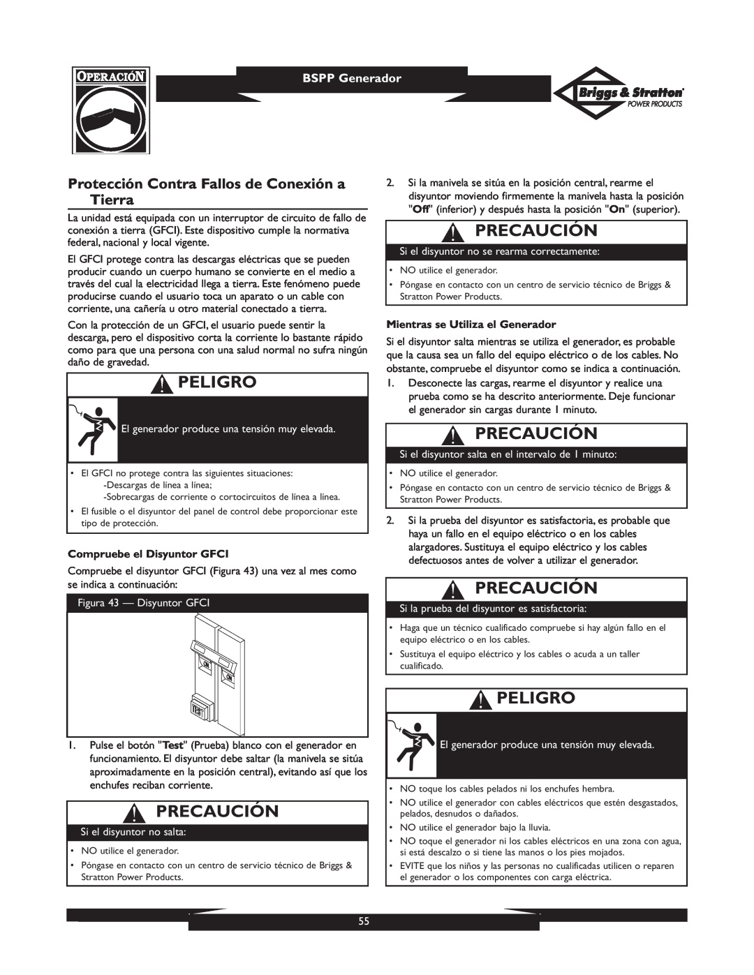 Briggs & Stratton PRO8000 owner manual Protección Contra Fallos de Conexión a Tierra, Precaución, Peligro, BSPP Generador 
