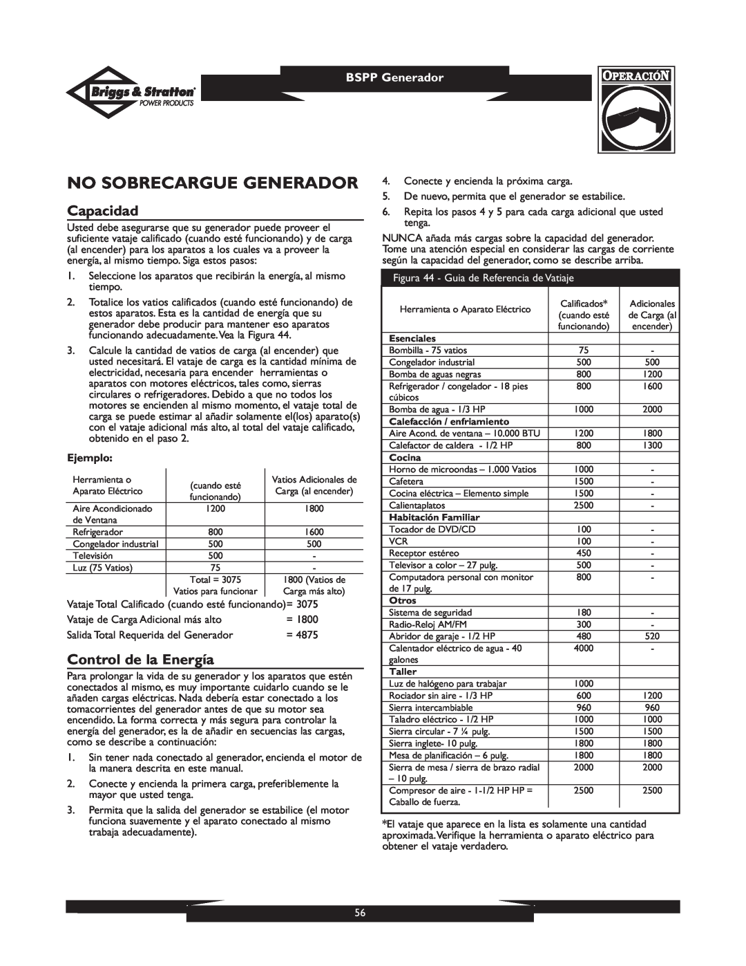 Briggs & Stratton PRO8000 owner manual No Sobrecargue Generador, Capacidad, Control de la Energía, BSPP Generador, Ejemplo 