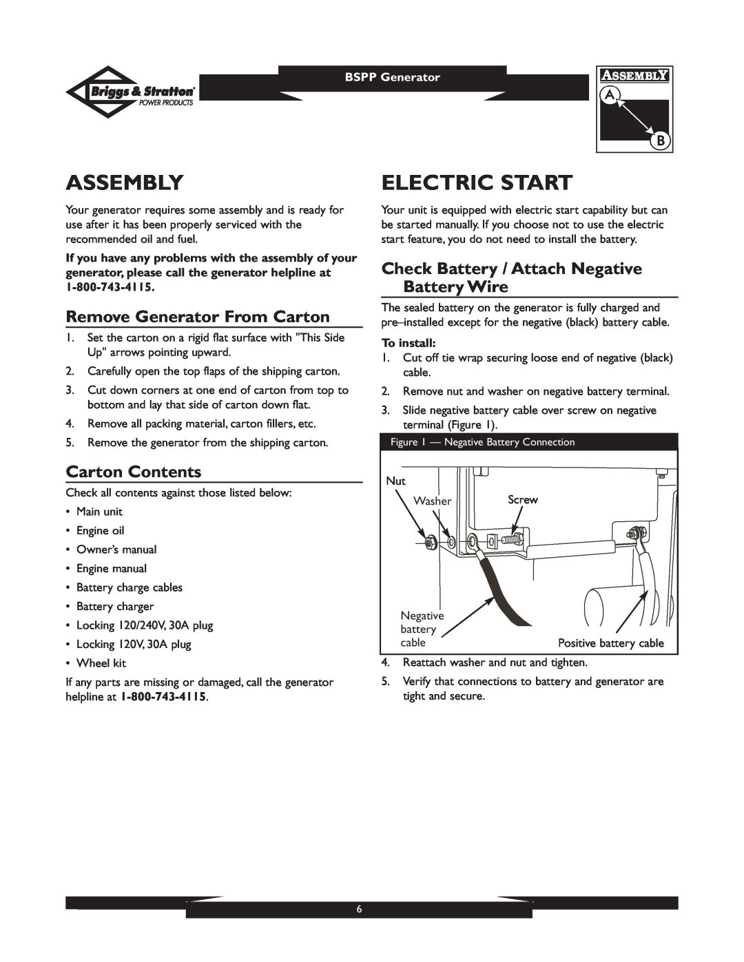 Briggs & Stratton PRO8000 owner manual Assembly, Electric Start, Remove Generator From Carton, Carton Contents, To install 