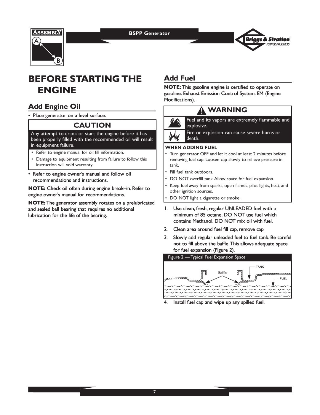 Briggs & Stratton PRO8000 owner manual Before Starting The Engine, Add Fuel, Add Engine Oil, BSPP Generator 