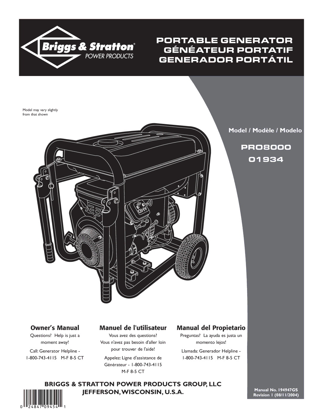 Briggs & Stratton PRO8000 manual Operator’s Manual, Manual No GS Revision a 02/25/2009 