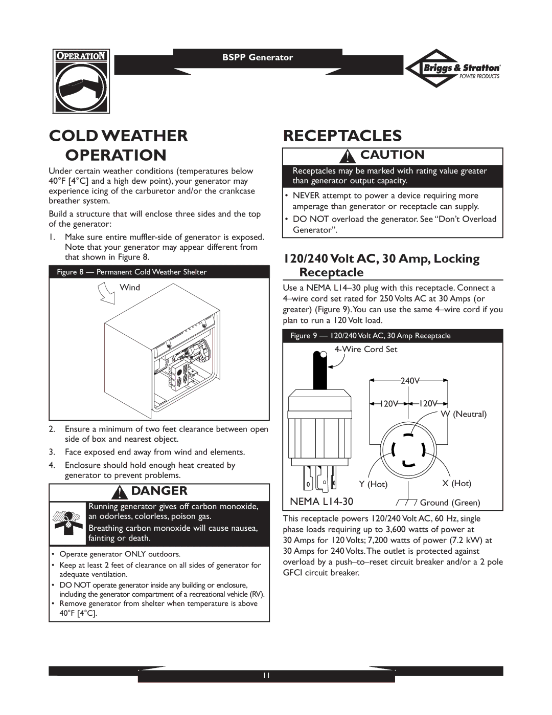 Briggs & Stratton PRO8000 owner manual Cold Weather Operation, Receptacles, 120/240 Volt AC, 30 Amp, Locking Receptacle 