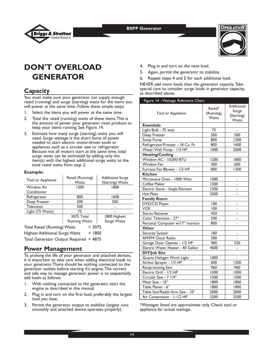 Briggs & Stratton PRO8000 owner manual Dont Overload Generator, Capacity, Power Management, Example 