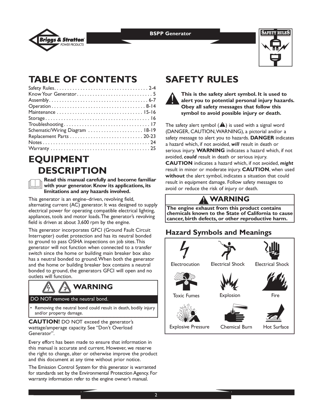 Briggs & Stratton PRO8000 owner manual Table of Contents, Equipment Description, Safety Rules 