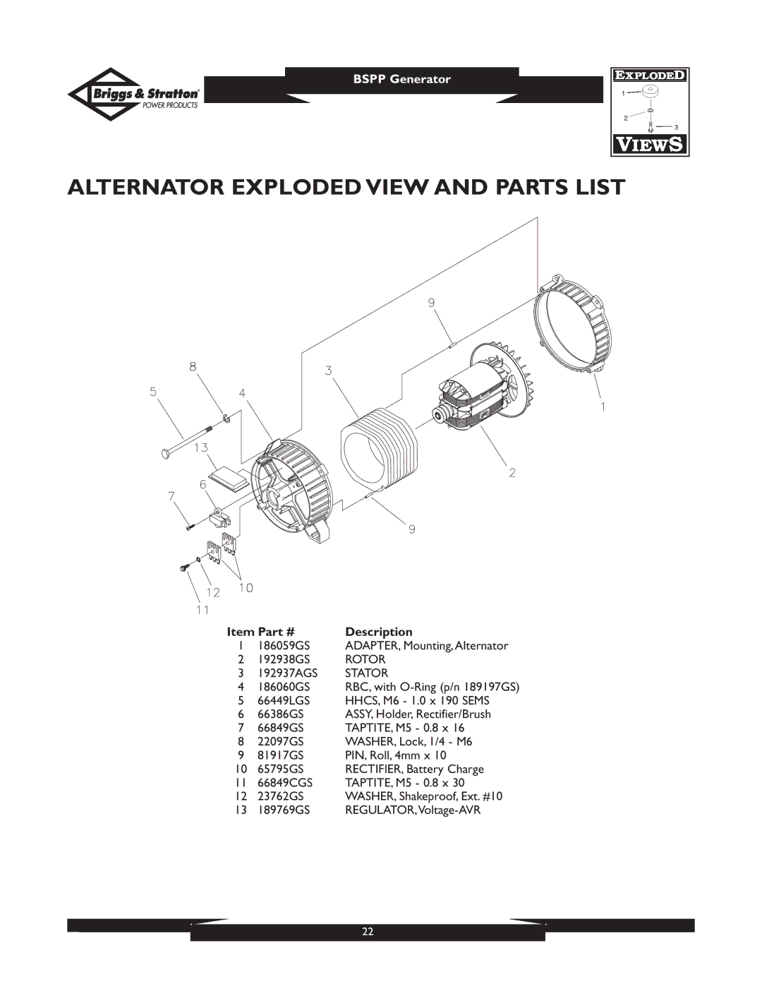 Briggs & Stratton PRO8000 owner manual Alternator Exploded View and Parts List, ADAPTER, Mounting, Alternator 