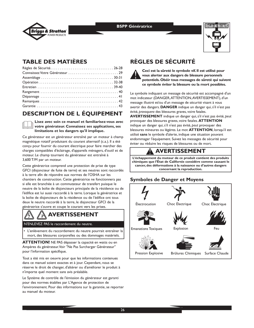 Briggs & Stratton PRO8000 owner manual Table DES Matières, Description DE L Équipement, Avertissement, Règles DE Sécurité 