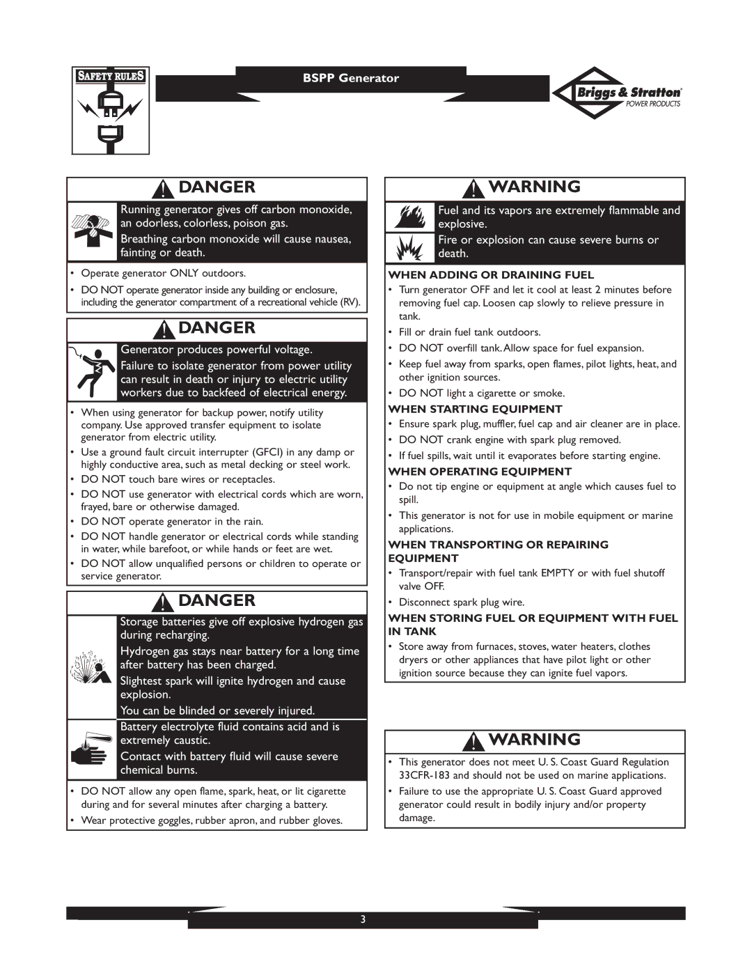 Briggs & Stratton PRO8000 owner manual When Adding or Draining Fuel, When Starting Equipment, When Operating Equipment 