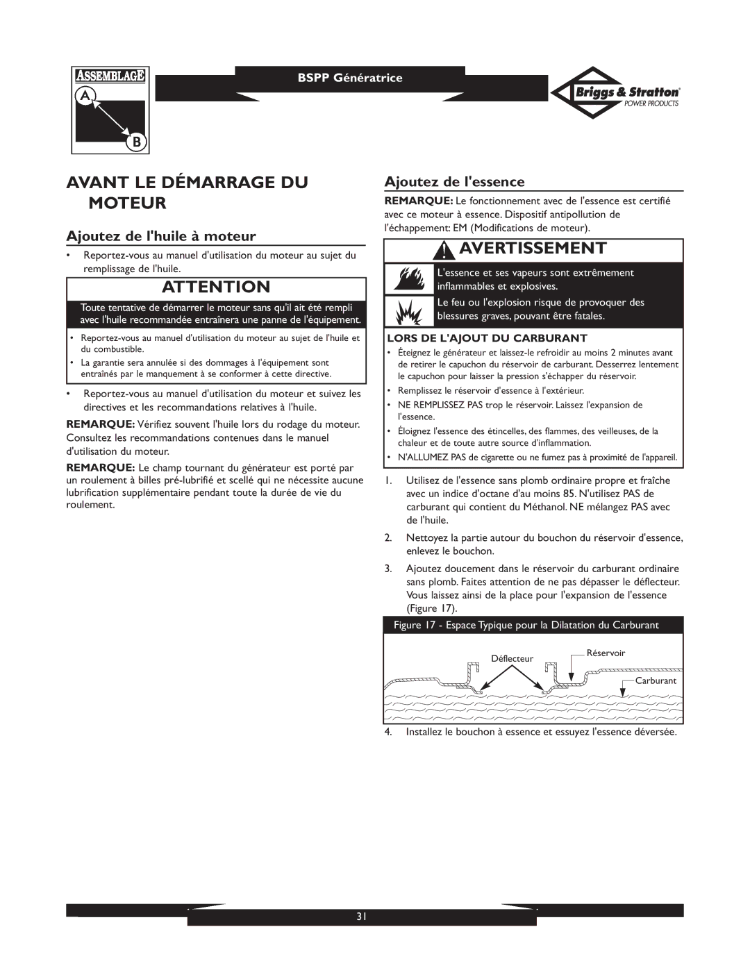 Briggs & Stratton PRO8000 owner manual Avant LE Démarrage DU Moteur, Ajoutez de lhuile à moteur, Ajoutez de lessence 