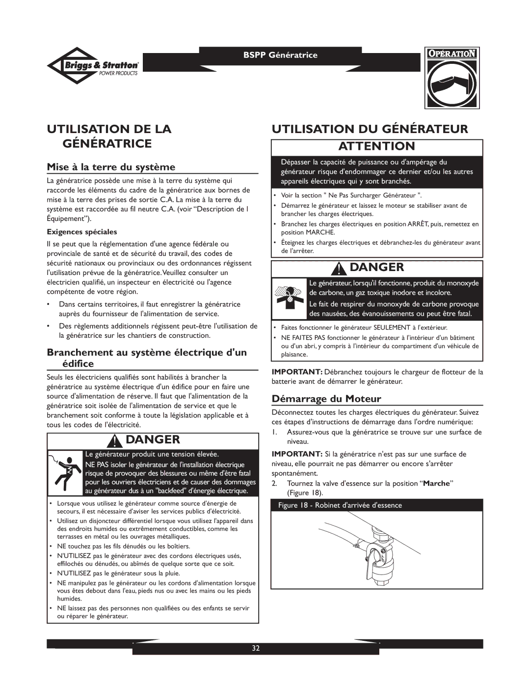 Briggs & Stratton PRO8000 owner manual Utilisation DE LA Génératrice, Utilisation DU Générateur, Mise à la terre du système 