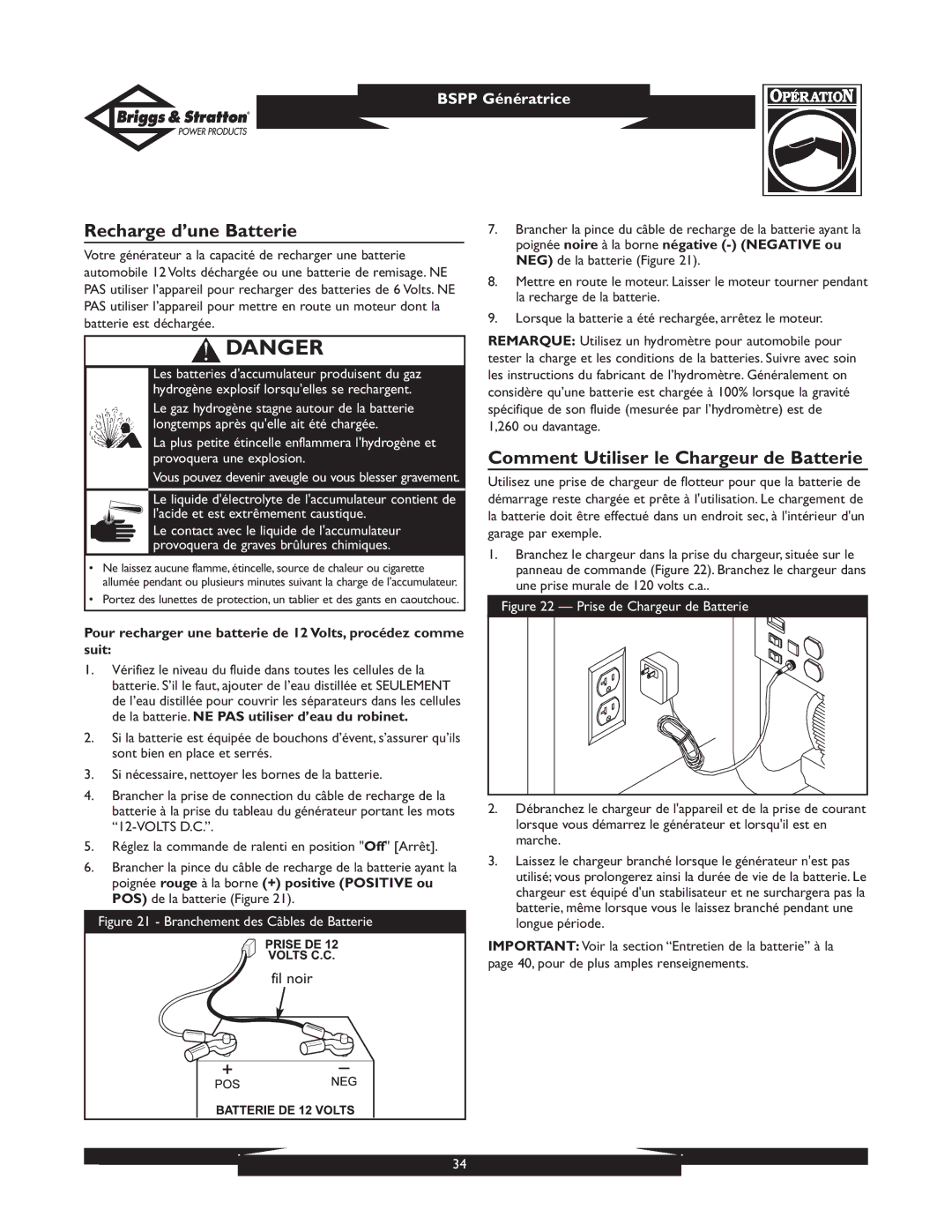 Briggs & Stratton PRO8000 owner manual Recharge d’une Batterie, Comment Utiliser le Chargeur de Batterie 