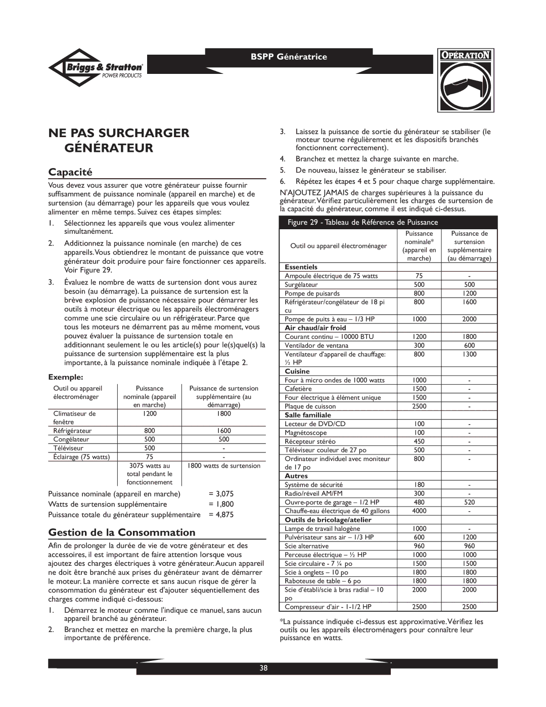 Briggs & Stratton PRO8000 owner manual NE PAS Surcharger Générateur, Capacité, Gestion de la Consommation, Exemple, = 3,075 