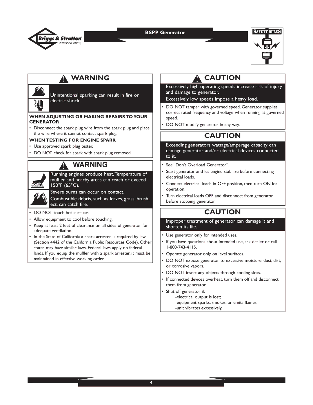 Briggs & Stratton PRO8000 owner manual When Adjusting or Making Repairs to Your Generator, When Testing for Engine Spark 