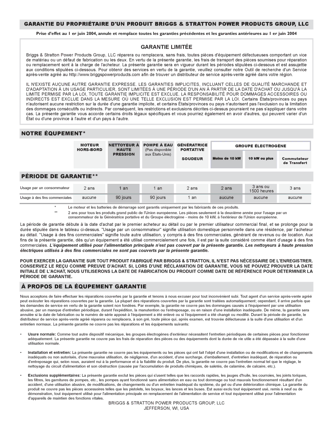 Briggs & Stratton PRO8000 owner manual Garantie Limitée 