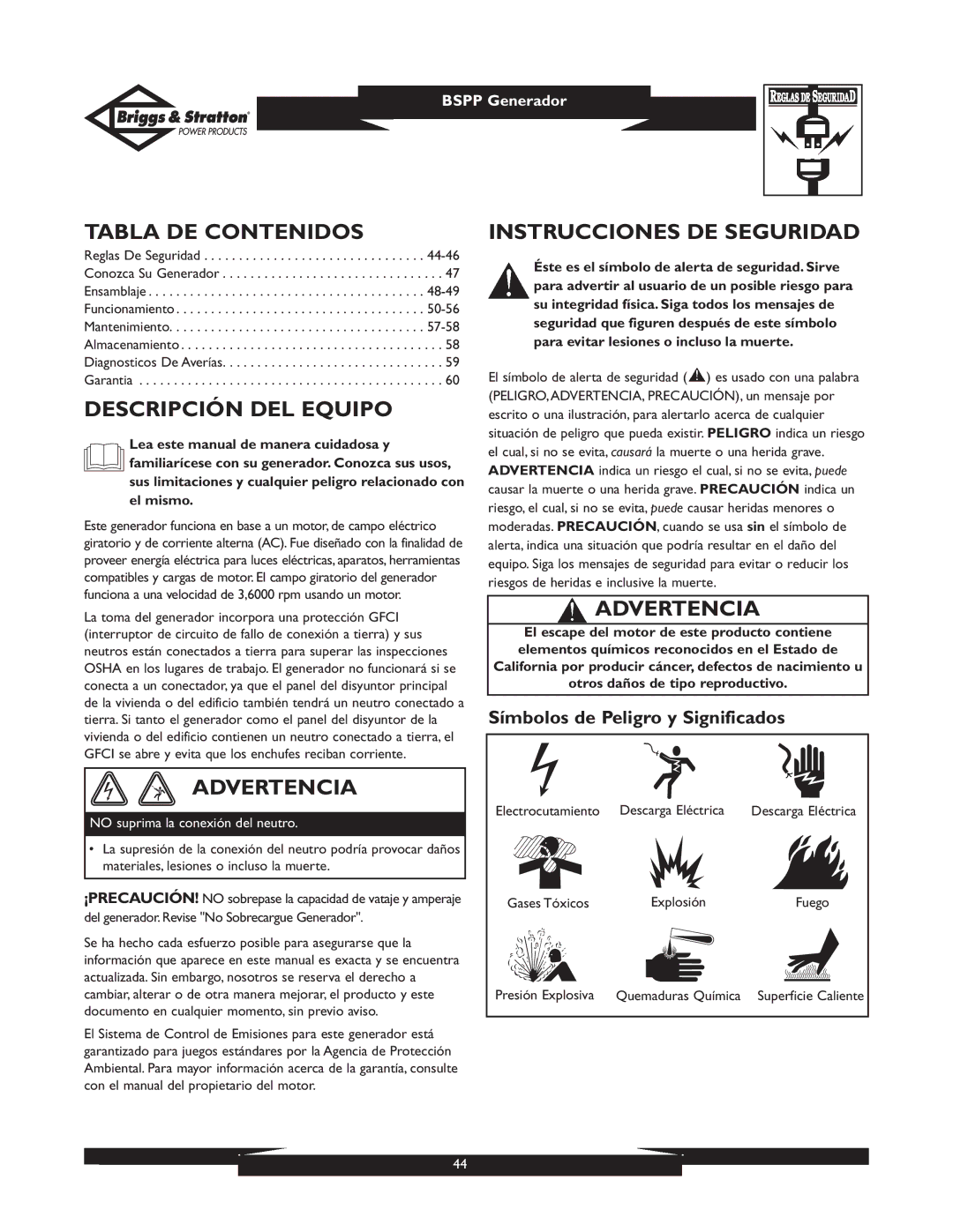 Briggs & Stratton PRO8000 owner manual Tabla DE Contenidos, Descripción DEL Equipo, Advertencia, Instrucciones DE Seguridad 