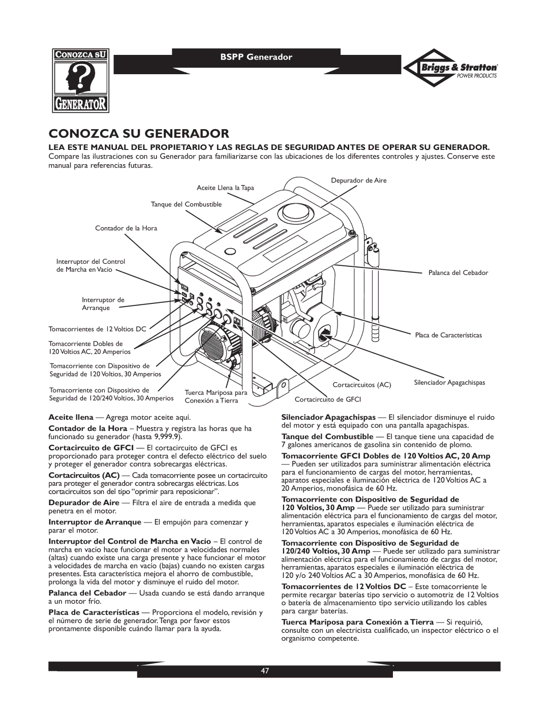 Briggs & Stratton PRO8000 owner manual Conozca SU Generador, Tomacorriente Gfci Dobles de 120 Voltios AC, 20 Amp 