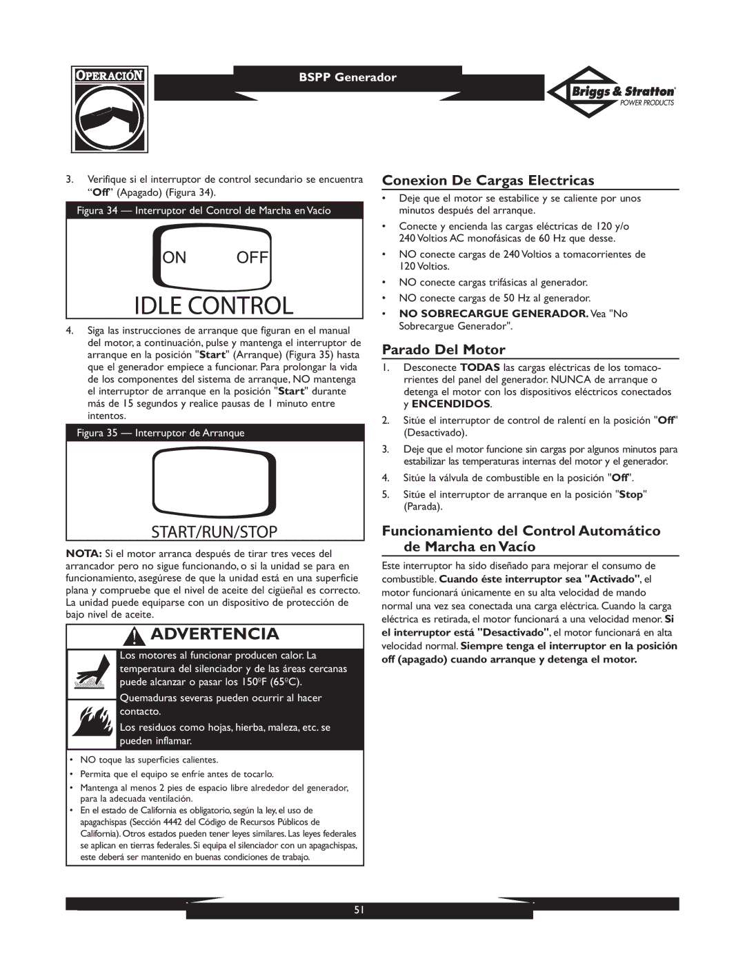 Briggs & Stratton PRO8000 owner manual Conexion De Cargas Electricas, Parado Del Motor 