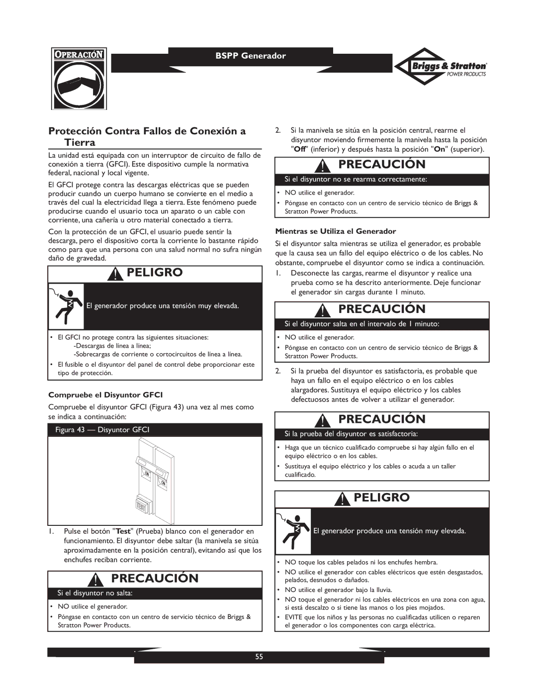 Briggs & Stratton PRO8000 owner manual Protección Contra Fallos de Conexión a Tierra, Compruebe el Disyuntor Gfci 