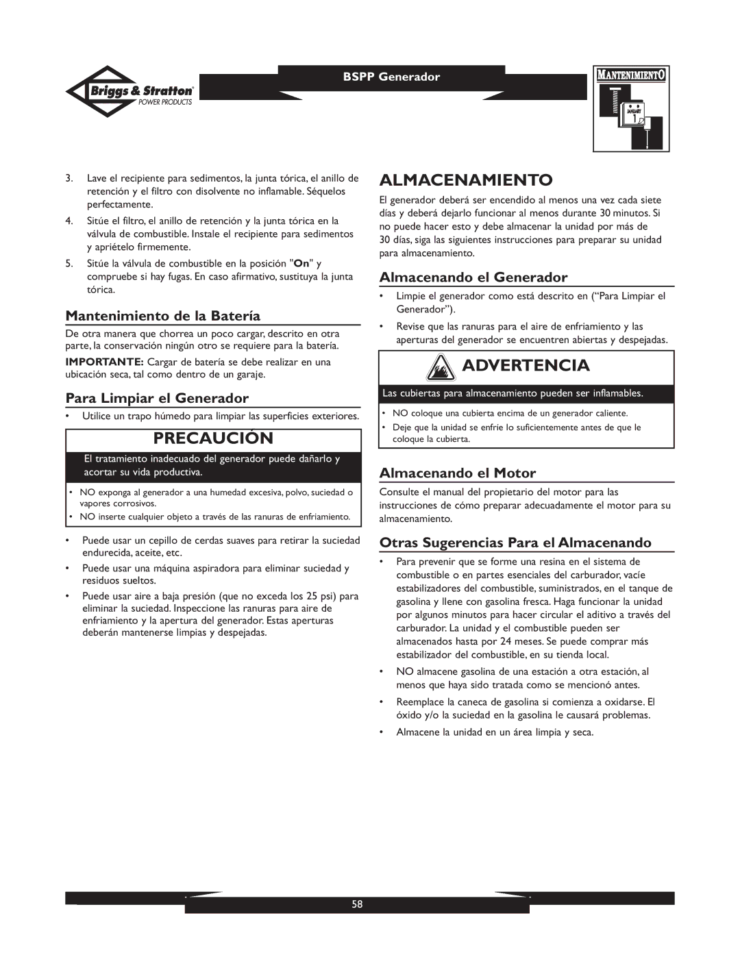 Briggs & Stratton PRO8000 owner manual Almacenamiento 