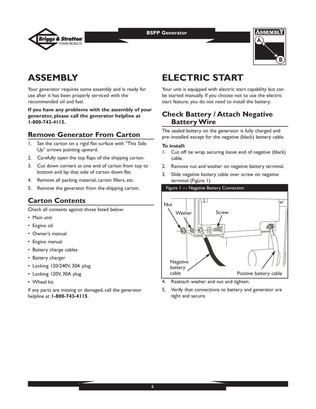 Briggs & Stratton PRO8000 owner manual Assembly, Electric Start, Remove Generator From Carton, Carton Contents 