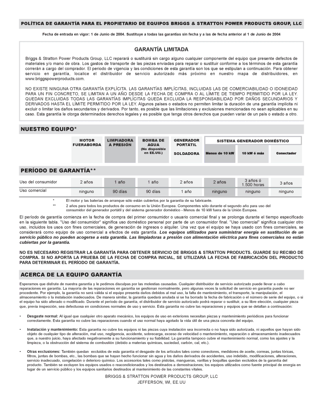 Briggs & Stratton PRO8000 owner manual Garantía Limitada 