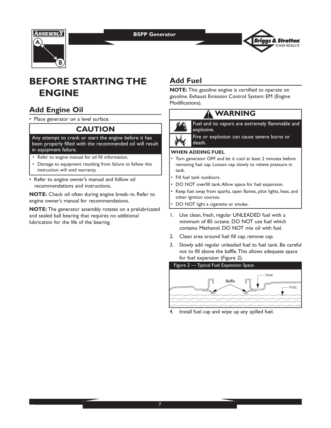 Briggs & Stratton PRO8000 owner manual Before Starting the Engine, Add Fuel, Add Engine Oil, When Adding Fuel 