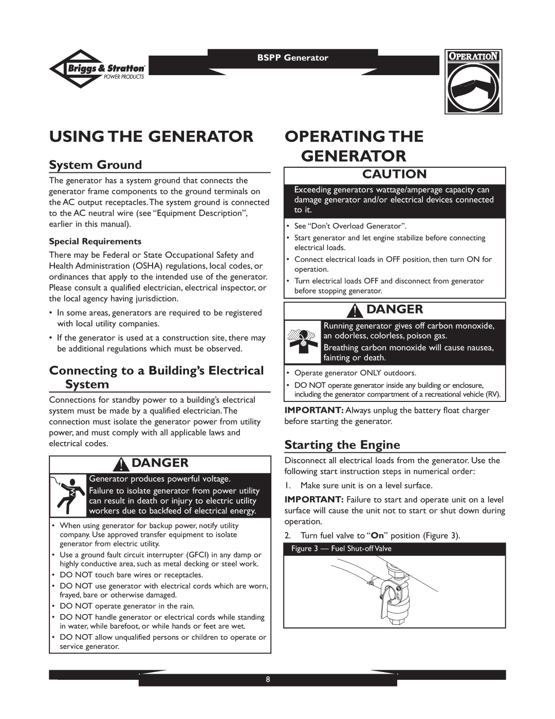 Briggs & Stratton PRO8000 owner manual Using the Generator, Operating Generator, System Ground, Starting the Engine 