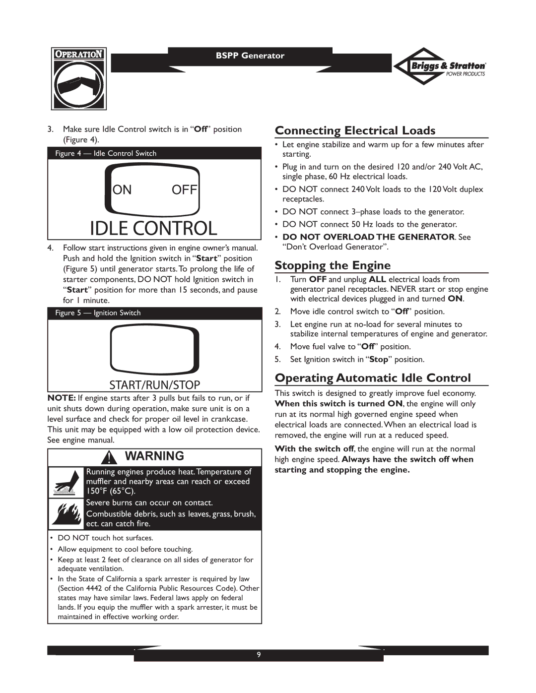 Briggs & Stratton PRO8000 owner manual Connecting Electrical Loads, Stopping the Engine, Operating Automatic Idle Control 