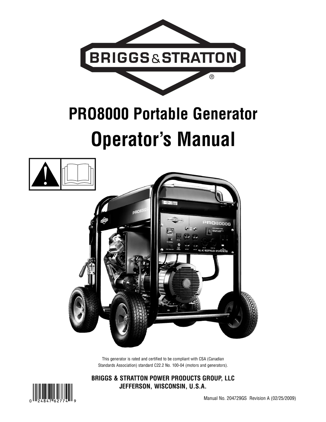 Briggs & Stratton PRO8000 manual Operator’s Manual, Manual No GS Revision a 02/25/2009 