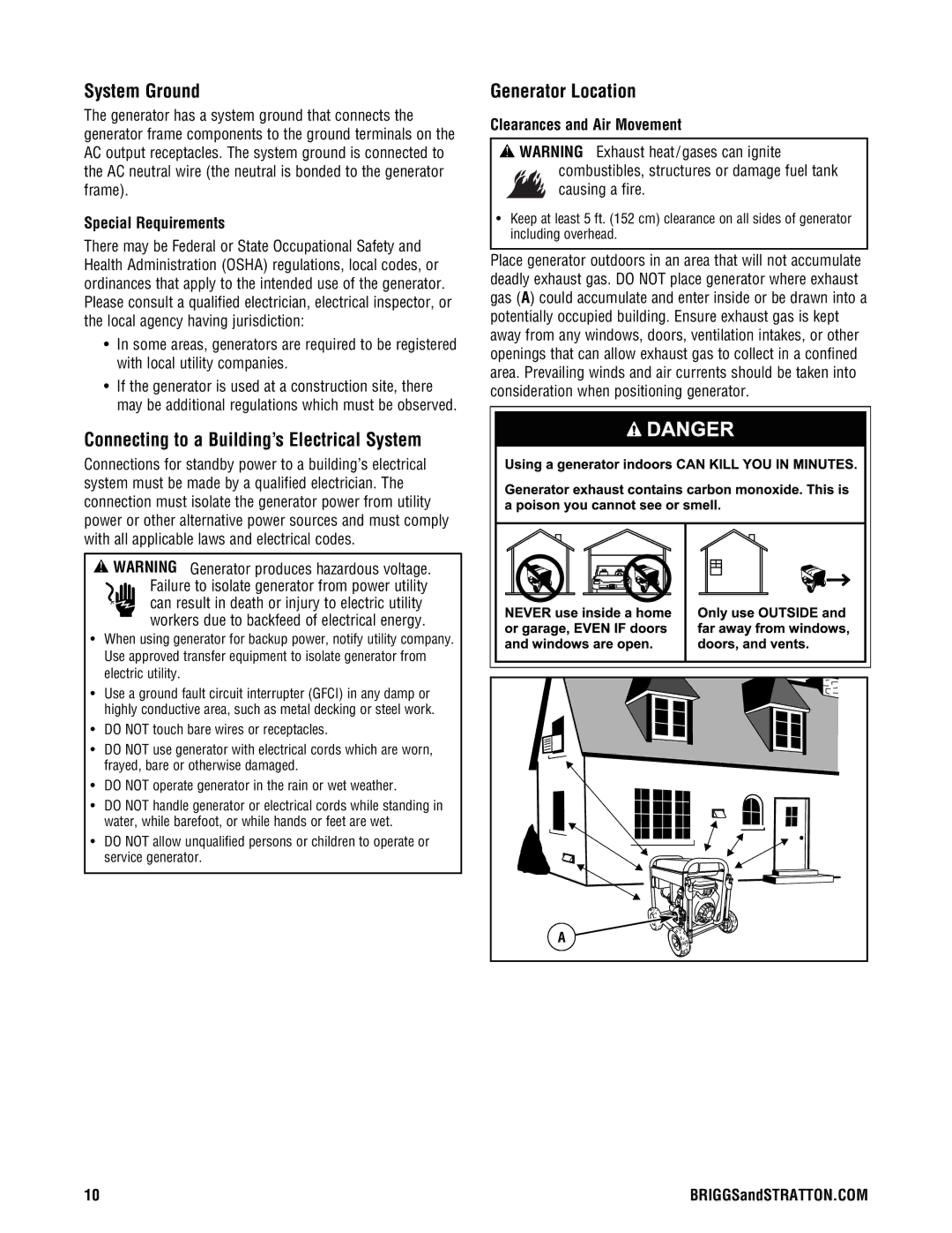 Briggs & Stratton PRO8000 manual System Ground, Connecting to a Building’s Electrical System, Generator Location 