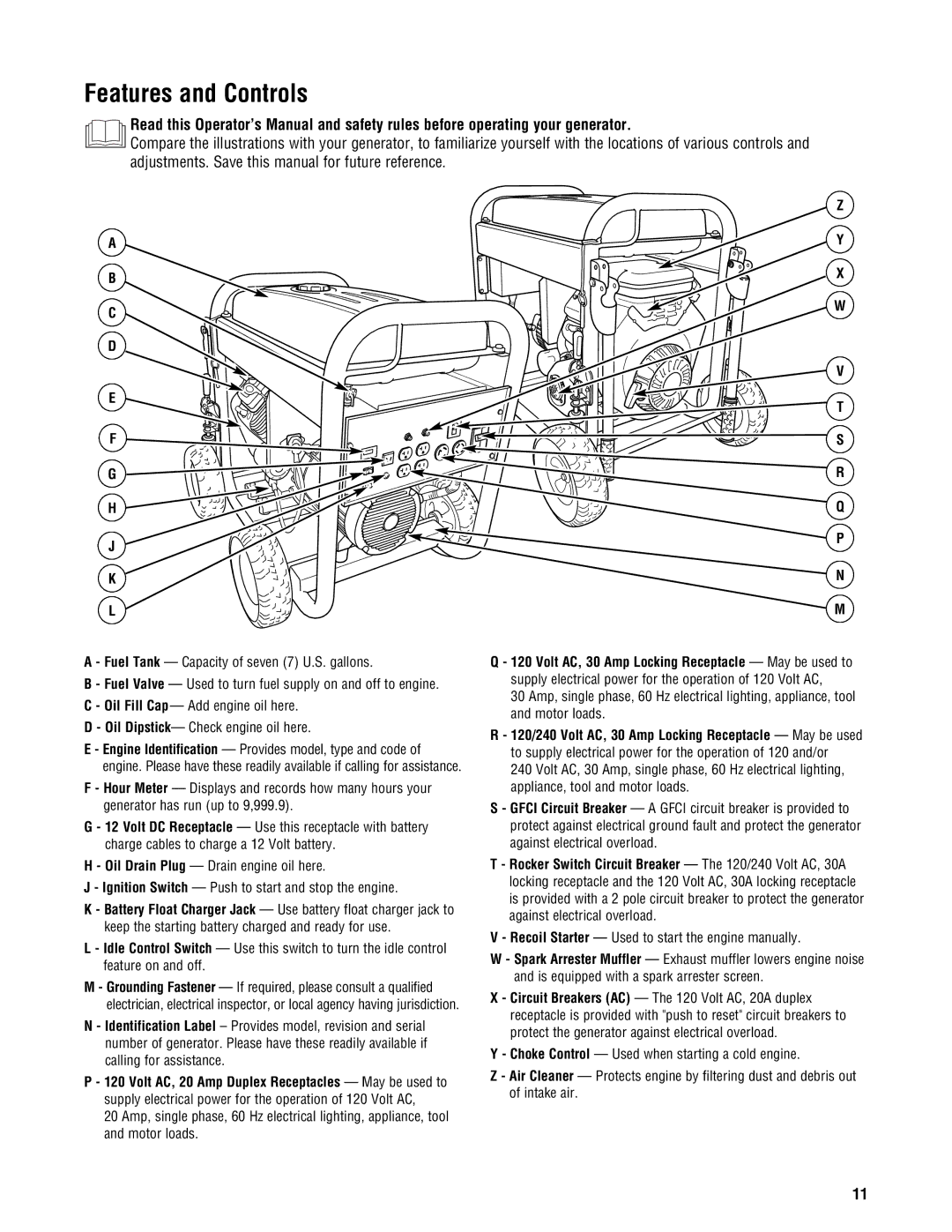 Briggs & Stratton PRO8000 Features and Controls, Recoil Starter Used to start the engine manually 