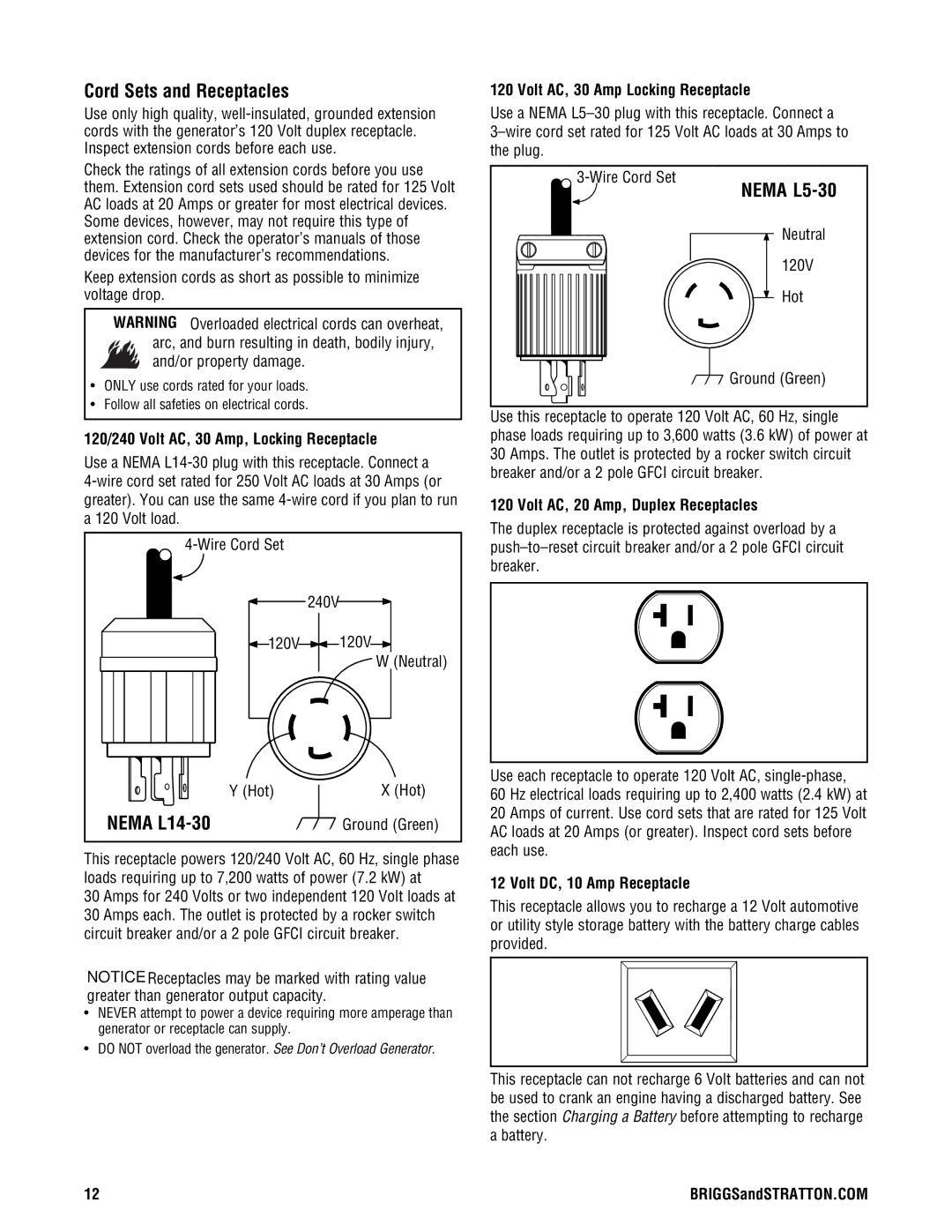 Briggs & Stratton PRO8000 manual Cord Sets and Receptacles, Nema L14-30, Nema L5-30 