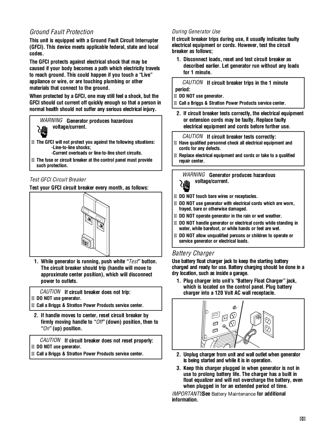 Briggs & Stratton PRO8000 manual Ground Fault Protection, Battery Charger, Test Gfci Circuit Breaker, During Generator Use 