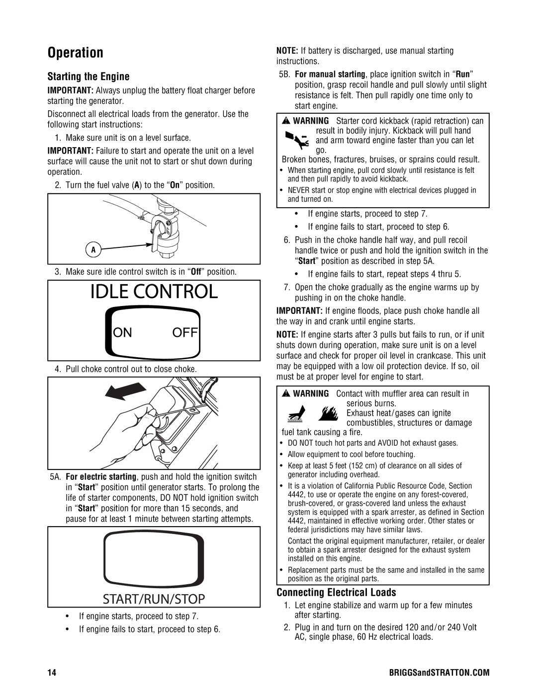 Briggs & Stratton PRO8000 manual Operation, Starting the Engine, Connecting Electrical Loads 