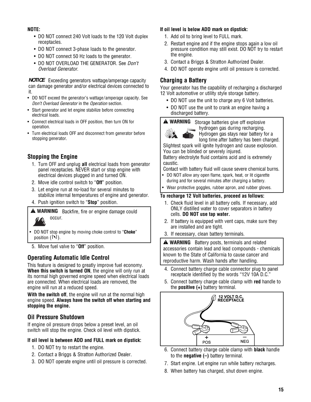 Briggs & Stratton PRO8000 Stopping the Engine, Operating Automatic Idle Control, Oil Pressure Shutdown, Charging a Battery 